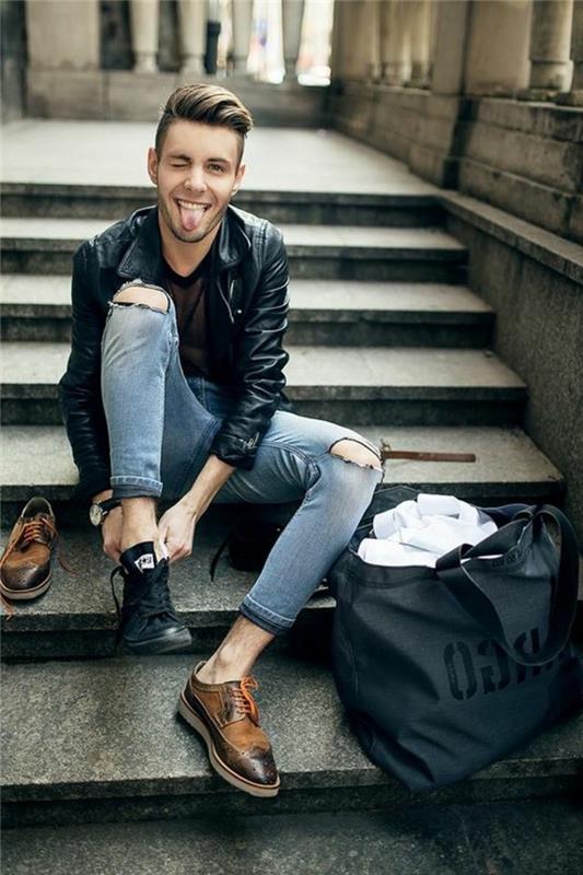 0-poceni-moška-usnjena-jakna-črno-raztrgan-denim-poceni-moški-elegantni-čevlji