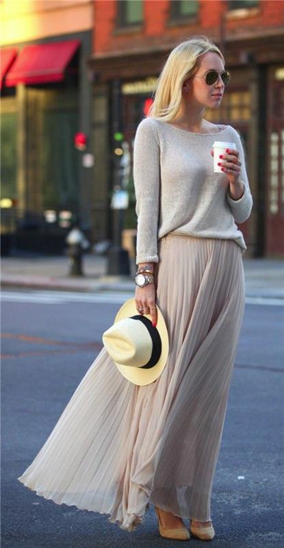 0-ilgas klostuotas sijonas-smėlio spalvos-gatvės stiliaus drabužiai-midi-sijonai-smėlio spalvos