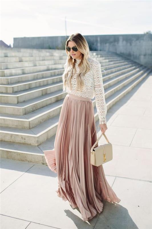 0-ilgas-klostuotas sijonas-blyškiai rožinė-balta-nėrinių palaidinė-trend-woman-fashion-2016