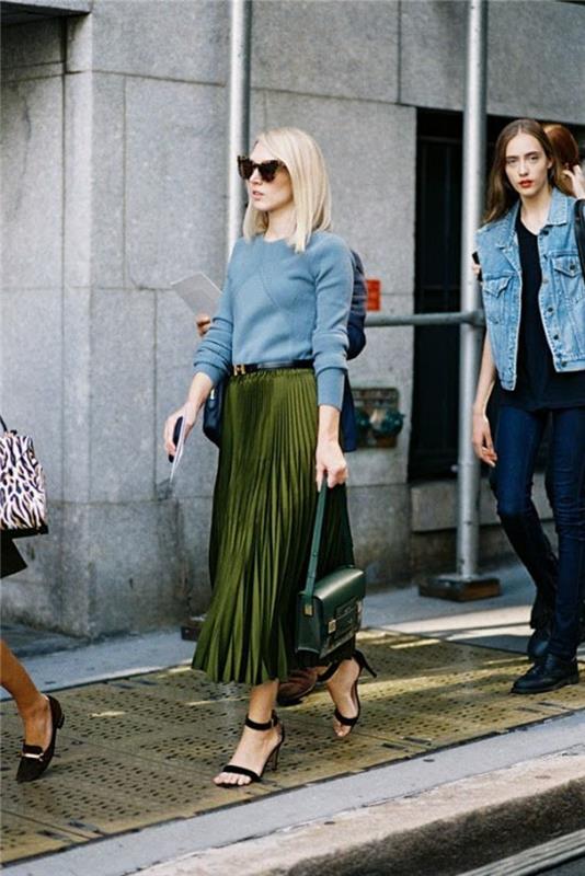 0 ilgio klostuotas sijonas-žalias-blondinėms moterims-mados tendencijos-aukštakulniai