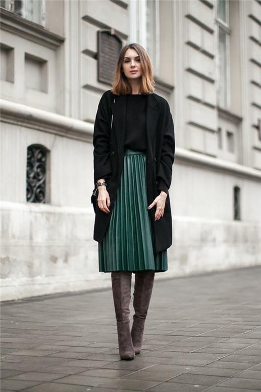 0-vidutinio ilgio sijonai-spalva-tamsiai žalia-ilga-klostuota-sijonas-tamsiai žalia-mados moteris