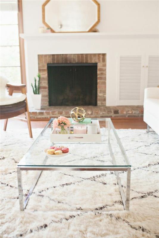 0-najboljša steklena mizica za sodobno dnevno sobo s belo preprogo in kaminom