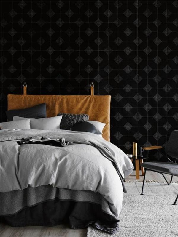 0-açık-kahverengi-deri-yatak-siyah-duvar kağıdı-tasarım-paneli-zemin-gri-halı-sandalye