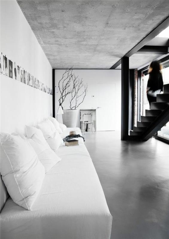 0-svetainė-su-stalviršiu-vaškuotas-betonas-dekoratyvinis-betonas-pilka-spalva-balti baldai