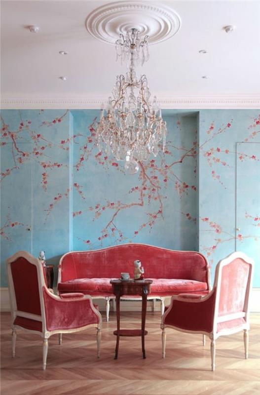 0-baroko-poilsio salonas su raudonai rožių kėdėmis-šviesiomis parketo grindimis-rožiniais baldais