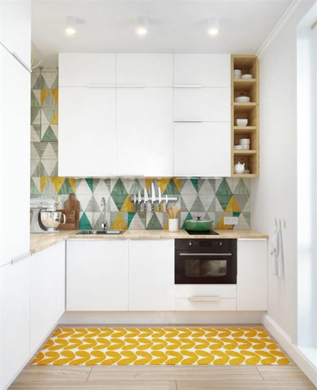 0-graži virtuvė su mediniais baldais šiuolaikinėje virtuvėje-baltos virtuvės-geltonos kiliminės spalvos plytelės