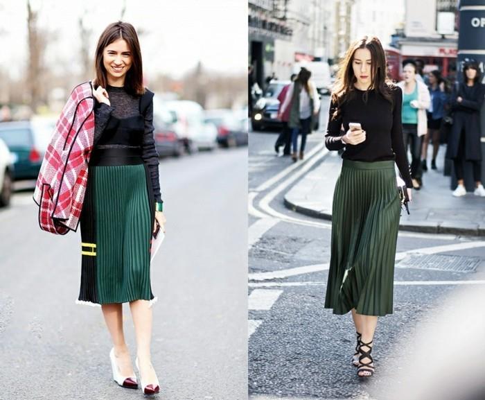 000-gražiai klostuotas-vidutinio ilgio sijonas-tamsiai žalia-juoda-sandalai-demme