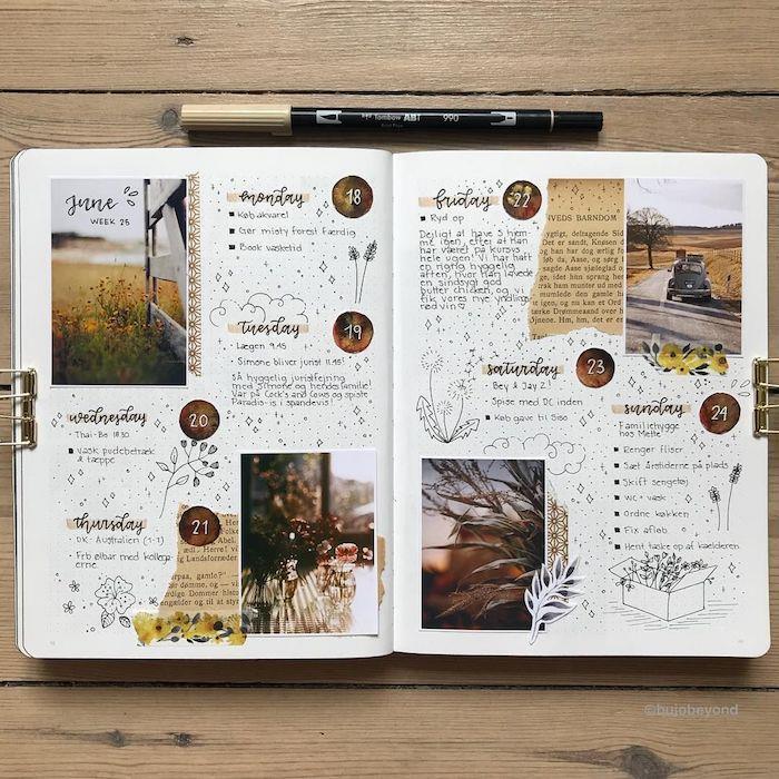 Užrašų knygelė su birželio mėnesio prisiminimais, nuotraukų albumas „scrapbooking“, paprastas ir meninio stiliaus knygų pasidaryk pats, pasiskolintos nuotraukos, mažų gėlių piešiniai ir tekstas