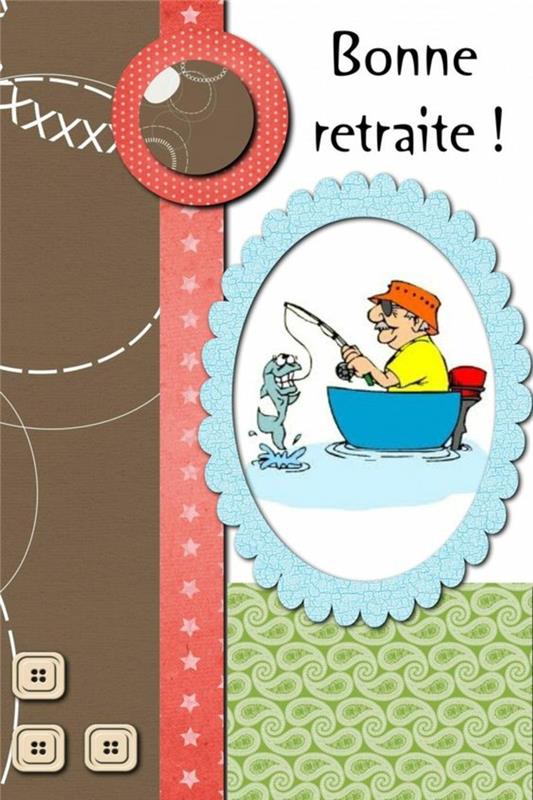 išėjimo į pensiją kortelė Laimingas išėjimas į pensiją, žvejys su didele žuvimi, žaismingo ir linksmo stiliaus kortelė su koliažais