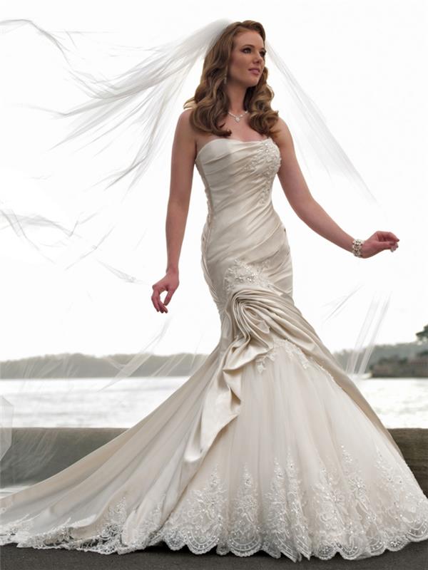 poročna obleka morska deklica, poročna obleka morska deklica, učinek stranske zavese, dolgi čisti lasje, oprsje, model golih ramen, kremno bel saten