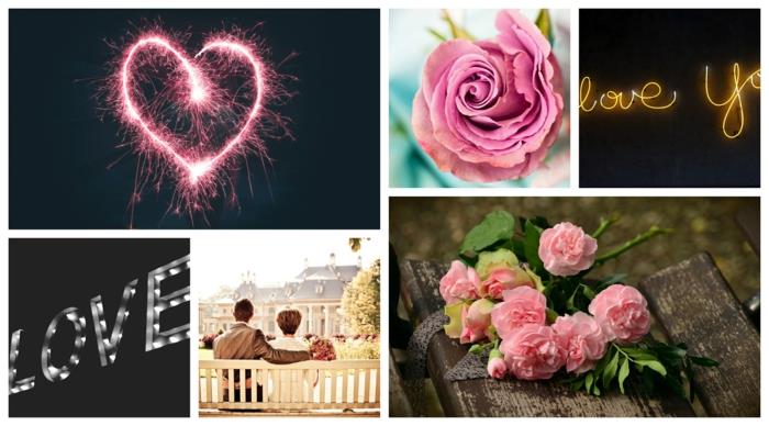 Romantik fotoğraf kolajı, bankta oturan romantik çift, pembe gül, aşk romantizm geleneği