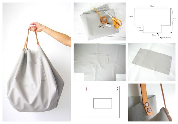 Suni deri kumaştan basit büyük çanta, üç adımda dikiş eğitimi, her şeyi toplamak için basit bir alışveriş çantası veya el çantası yapın