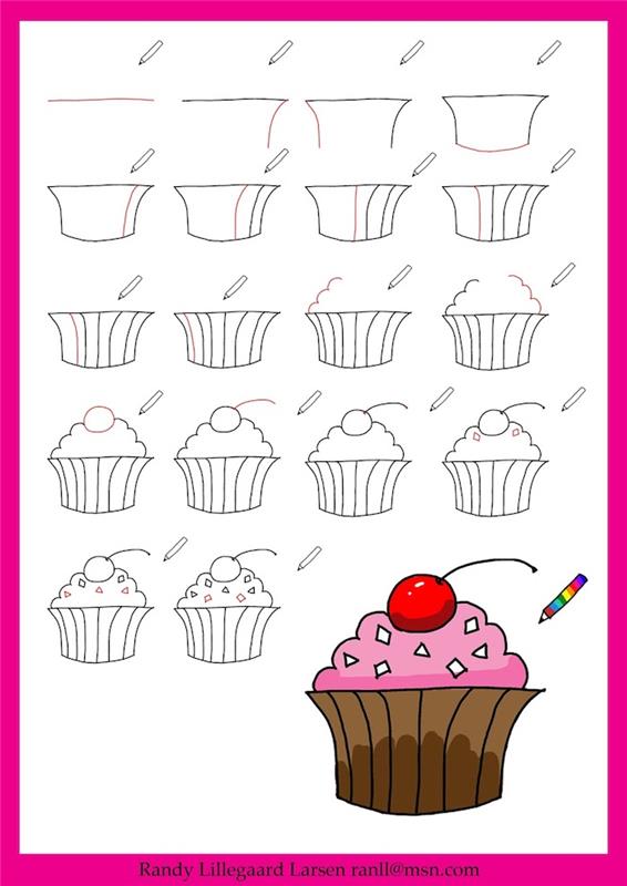 Cupcake s češnjo na vrhu, kul DIY risba, vadba za risanje torte po korakih, slika za rojstni dan, risba za rojstni dan