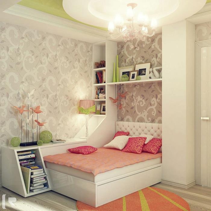 spalnica najstnice, dekor za spalnico najstnic, bele in sive stene z baročnimi arabesknimi vzorci, razsvetljava v stilu lestencev z žarnicami v obliki sveč, okrogla preproga v oranžni in jabolčno zeleni barvi