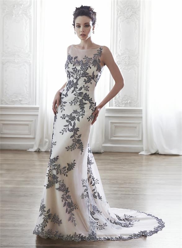 nėrinių undinėlės vestuvinė suknelė iš baltos ir anglies pilkos spalvos nėrinių, gėlių ir medžių šakų raštai, graikiška iškirptė, vidutinio ilgio traukinys
