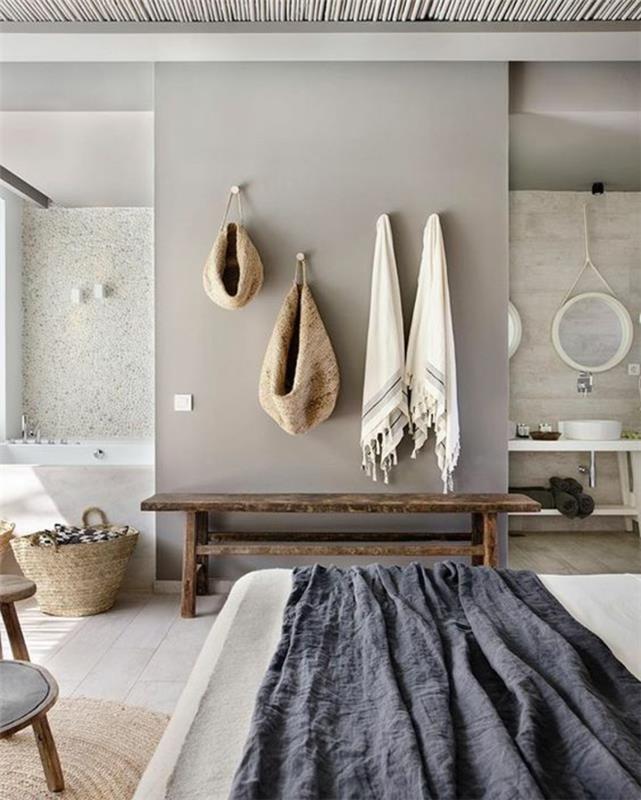 ideje za kopalnico, topla zen kopalnica, dekoracija majhne kopalnice, dekor kopalnice zen, stene v pastelno sivi barvi, svetlo sive ploščice