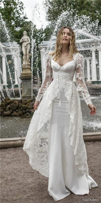 Lian Rokman modelis, suknelė su baltu satino liemeniu, balti nėriniai, undinės vestuvinė suknelė, renesanso stilius, dvi baltos pompomos priekyje
