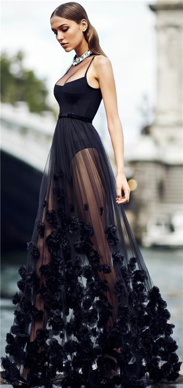 črna obleka s telovnikom brez rokavov, izrezom z izrezom, prozorno krilo iz organze, elegantna večerna obleka s šok detajli