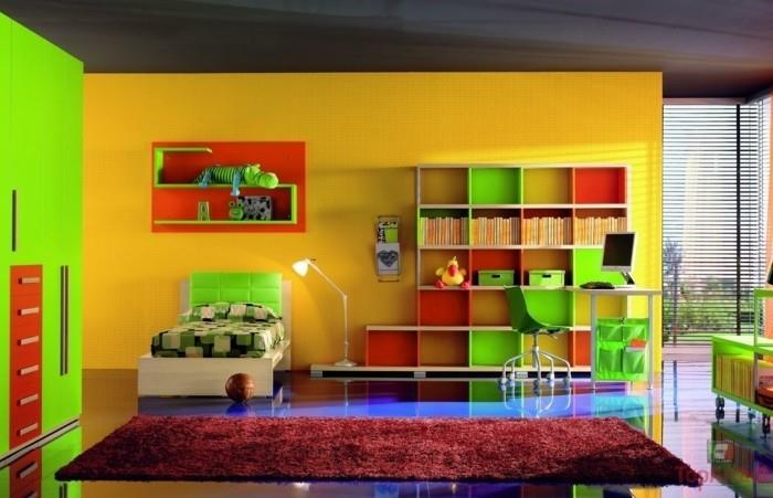 nuostabus dizainas ir dažai geltonai-vaikų kambarys-baldai-raudonai-žaliai-geltonai-raudonai-kilimas