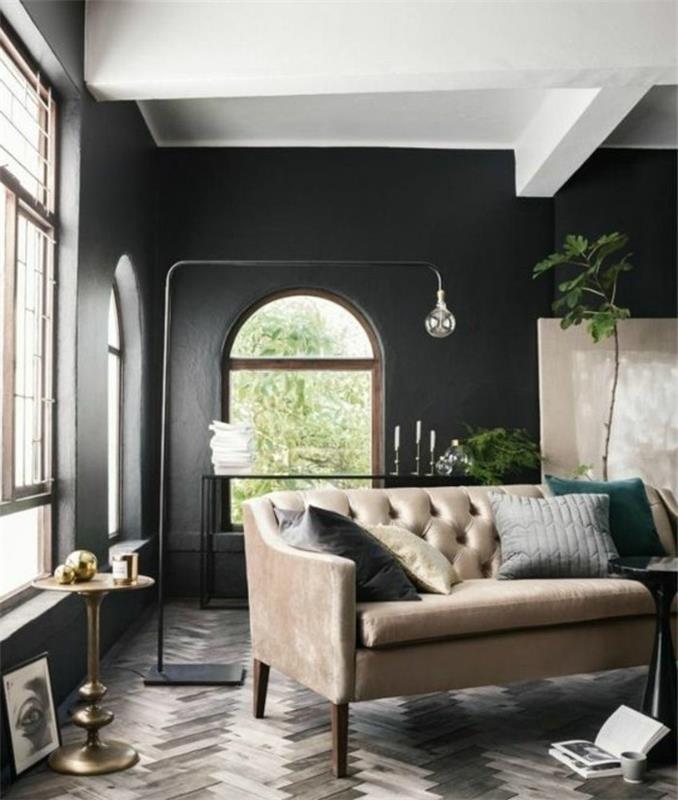 abartılı-renk-duvar-oturma odası-siyah-kanepe-bej-sofistike tarzı