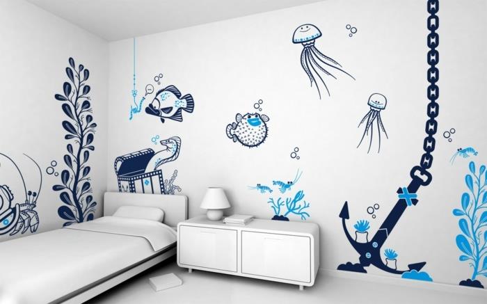 idėja-dažyti-baltas-vaikų kambarys-gražūs piešiniai, įkvėpti jūros temos-baltos spalvos baldų-blaiviai-jūrinio stiliaus-labai įdomiai