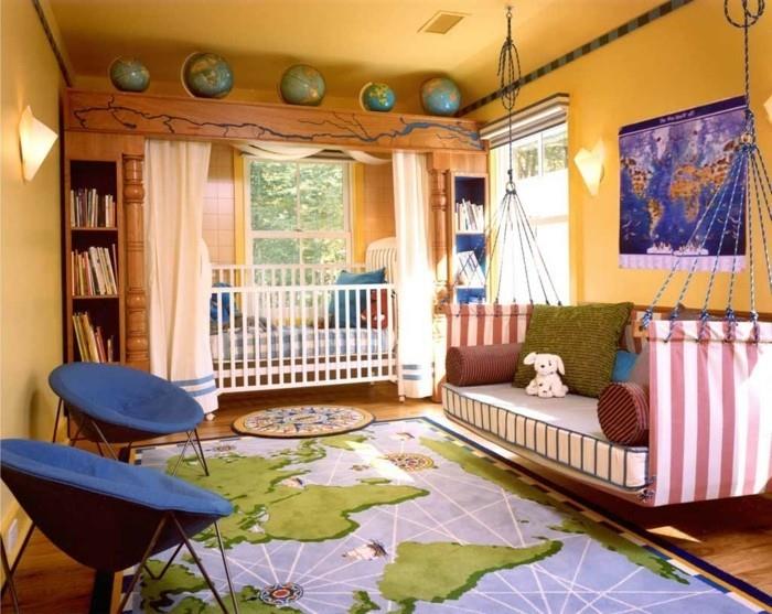 idėja-labai originalus-tapyba-vaikų kambarys-geltonas-dekoravimas-miegamasis-skirtingomis spalvomis-tikra sprogimo lova-pakabinama nuo lubų