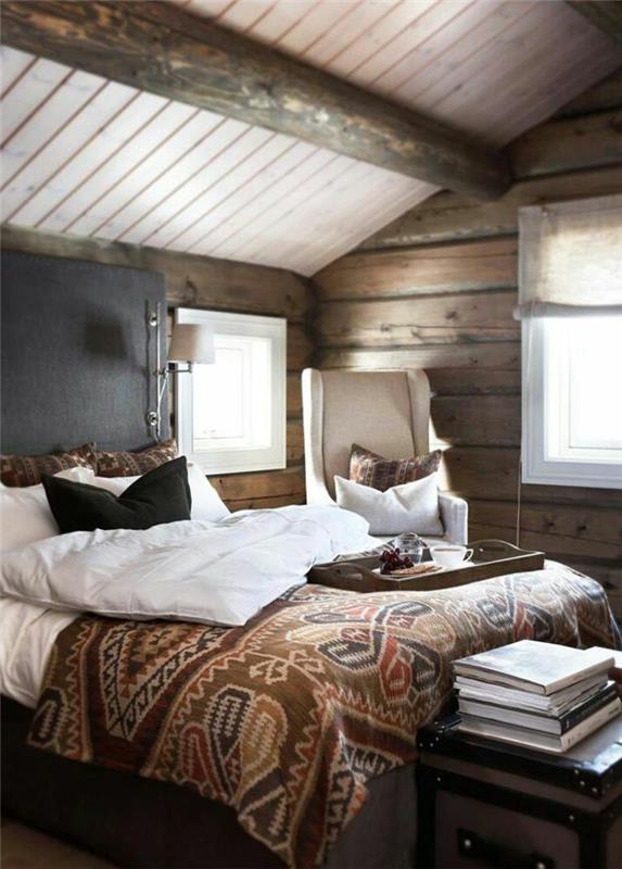 1 miegamasis-po šlaitu-patalynė-ruda-lova-antklodė-sienos grindyse