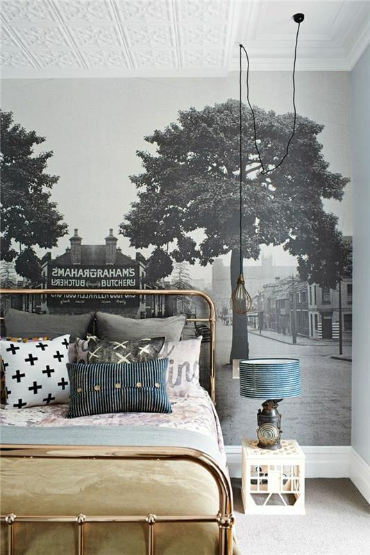 najstnica-spalnica-ustvarjalna-ideja-železna postelja-slika-na-steno-foto-slika-freske