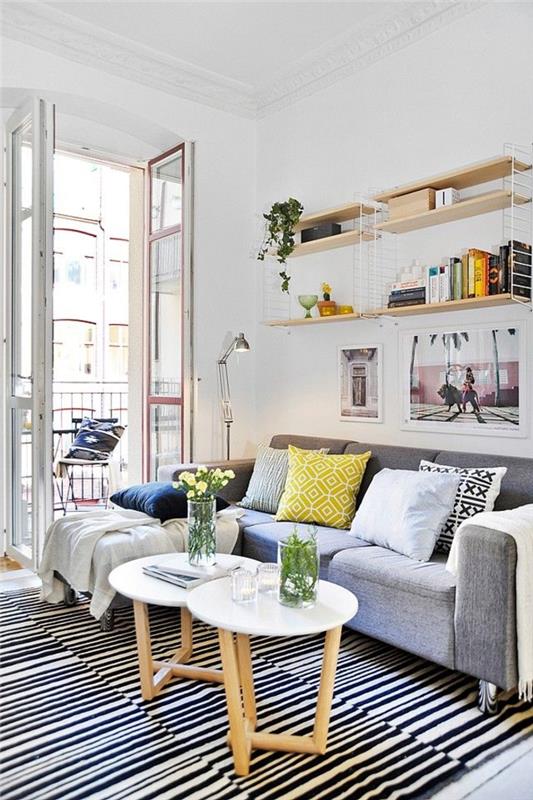 1-kaip išsirinkti-gražiausią-alinea-kilimą-gyvenamajam kambariui-su baltos-juodos juostelės-kavos staliuku