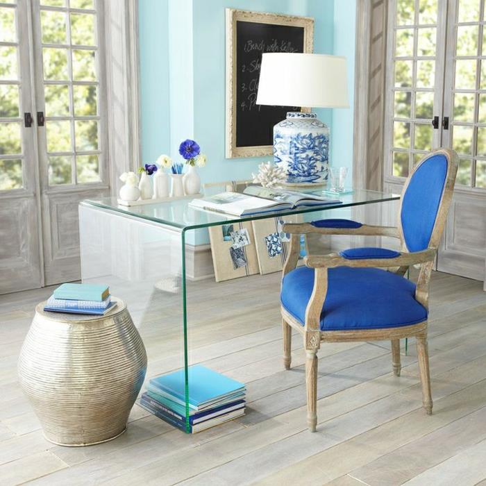 1-lepa-pisalna miza s stekleno ploščo-modri-stol-miza-svetilka-modra-namizni stol