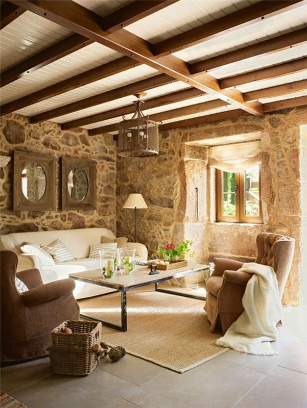 1-graži svetainė su rotango kilimu ir šviesaus medžio stalu-lubos po karnizu-gana šviesi svetainė