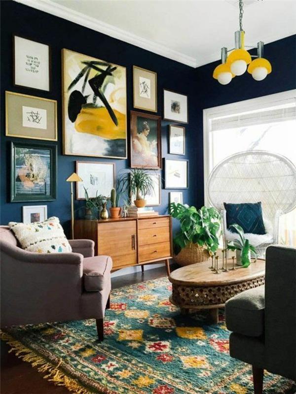 1-rengarenk-halı-lacivert-duvarlar-bej-koltuk-oturma odası-tatlı-renkli-oturma odası
