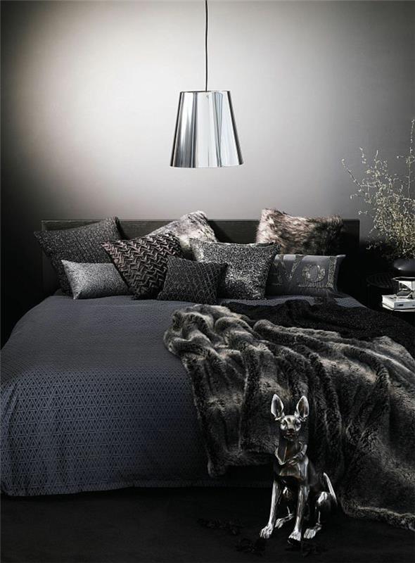 1-lepa-spalnica-s-sivo-umetno-krzno-karirano-črno-odejo za posteljo