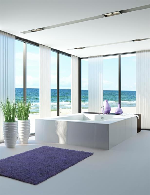 1-gražiausias vonios kambarys su dideliais langais ir purpuriniais vonios kilimėliais