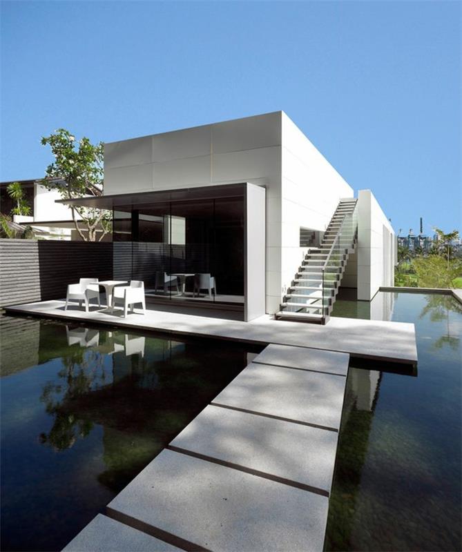 1 minimalizmas architektūroje-gana šiuolaikiškas namas su lauko baseinu ir baltomis sienomis