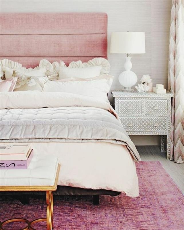 1 dizaino lova-rožinė-suaugusiųjų miegamasis-konforama-dvigulė lova-rožinis kilimas