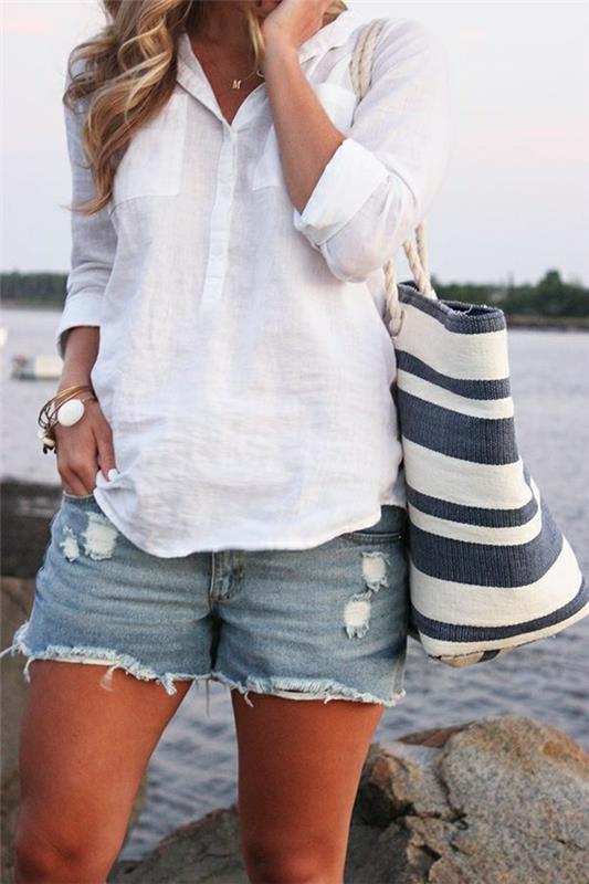 1-plaj çantası-beyaz-mavi-kadın-moda-bohem tarzı-gömlek-beyaz