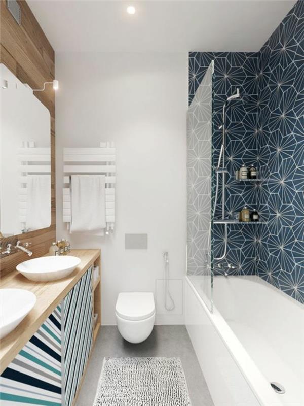 1-šiuolaikiškas-vonios kambarys-baltos-pilkos ir mėlynos spalvos, kaip papuošti vonios kambarį