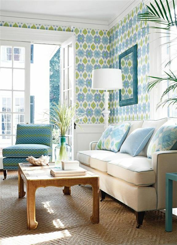1-dnevna soba-aranžma-barva-turkizna-mizica-dnevna soba-cvetje-kavč-nebesno-modra-stena