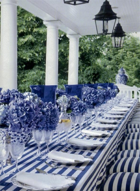 1 stalo komplektas-balta-mėlyna-mėlyna-gėlės-vestuvės-ypatinga proga-staltiesė-dryžuota-balta-mėlyna