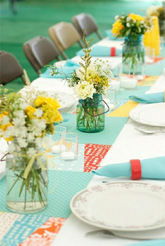 1 stalo komplektas-balta-mėlyna-mėlyna-gėlės-vestuvės-ypatinga proga-spalvinga staltiesė-gėlės