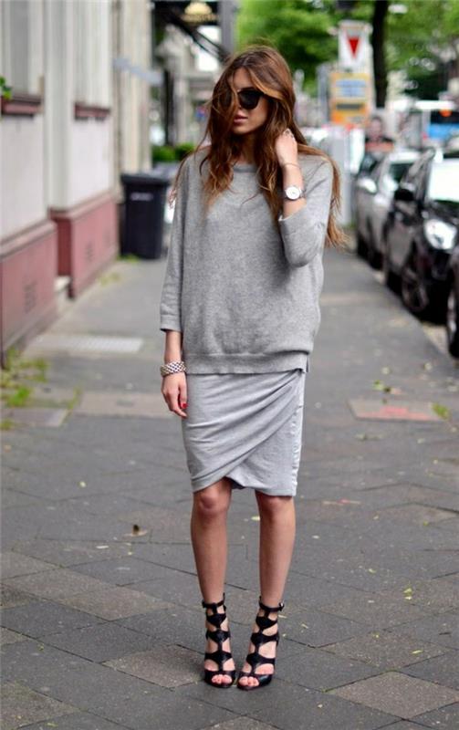 1-pilkai-megztiniai-moteris-vidutinio ilgio sijonas-pilki-saulės akiniai