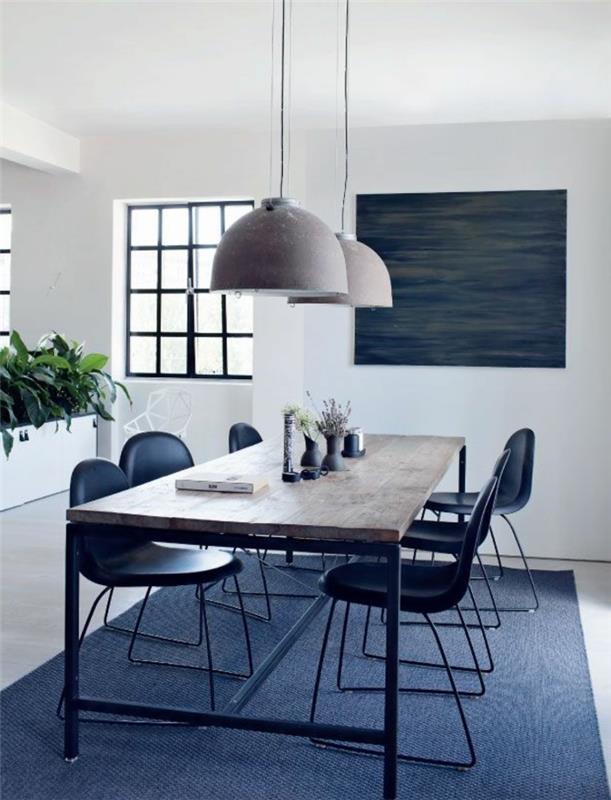 1-kare-çağdaş-yemek masası-gri-halı-beyaz-duvarlar-modern-avizeler