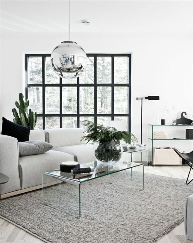 1-dnevna soba-miza-s-sivo-preprogo-steklo-mizica-zelena-rastlina-parket-tla-veliko-okno