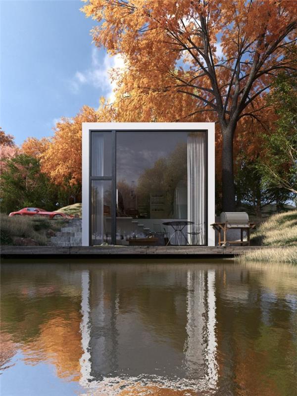 1-šiuolaikinis namas minimalizmo stiliumi prie ežero miške