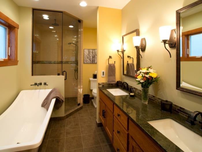 gražus-deko-vonios kambarys-dviguba kriauklė-medinis-vonios kambarys-baldai-du dideli stačiakampiai veidrodžiai-dušo kabina-balta-laisvai stovinti vonia