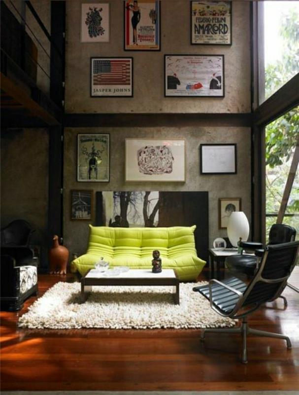 2-bultex-žalios-geltonos-židiniai-kėdės-palėpės stiliaus svetainei-baltas kilimas-dideli langai
