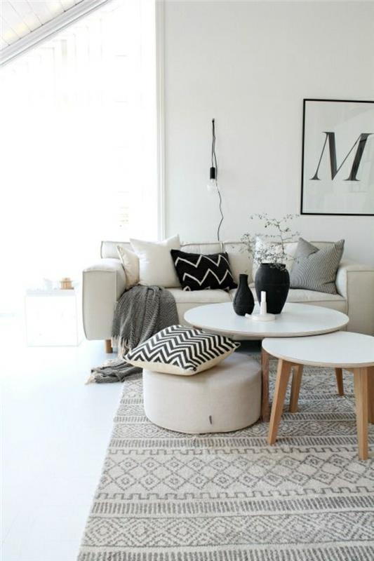 2 šviesiai pilkos spalvos interjeras ir pilkas kilimas-balta-sofa-gyvenamajame kambaryje-balti ir pilki baldai
