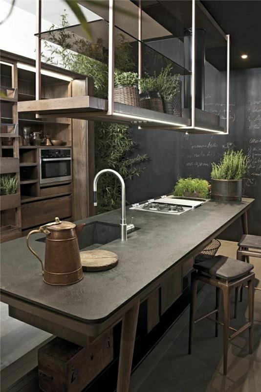 2-castorama-ali-franke-umivalnik-črno-kuhinjsko pohištvo-retro-elegantna-kuhinja-z-sobnimi rastlinami