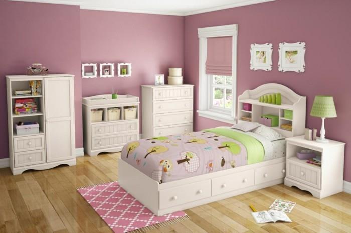 miegamojo dekoras-mergina-sienos-milteliai-rožiniai-balti-baldai-didingas-idėja-dažai-vaikų kambarys